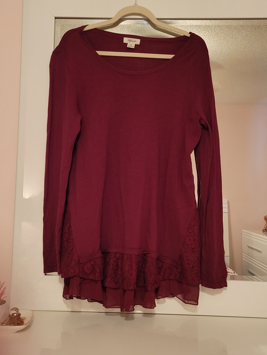 Style & Co. Tops - Style & Co. Burgundy Long-Sleeve Lace & Chiffon Hem Top